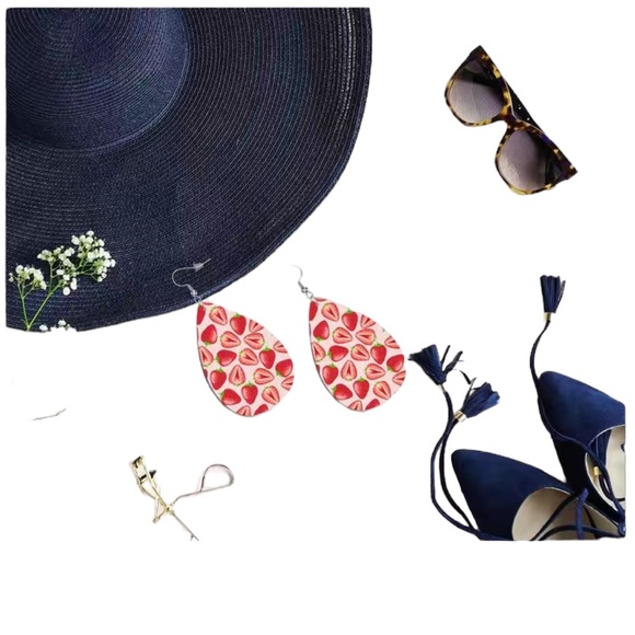 Leather Strawberry Print Pink and Red Teardrop Drop Earrings - Picture 3 of 8